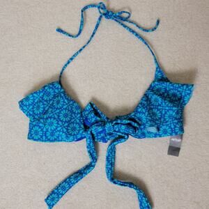 NWT Aeire Size S Swimsuit Bikini Top Halter Tie Front Padded Ruffle Blue Floral